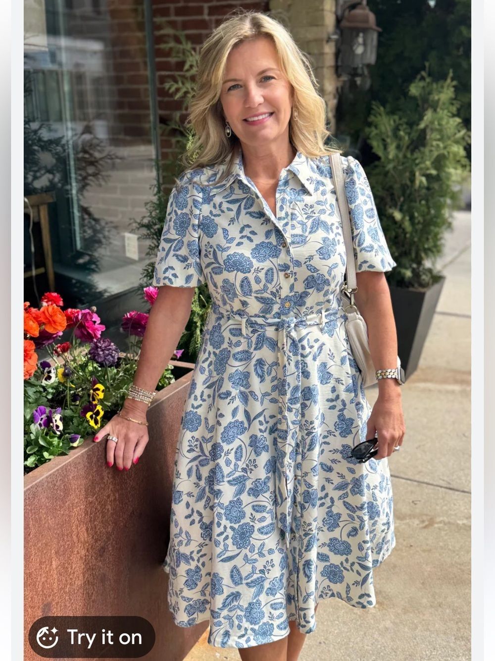 sharagano 10 Ivory Light Blue Floral Puff Short Sleeve Belted Shirt Dress